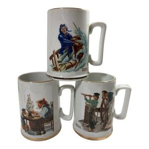 Norman Rockwell Sea Farer Large Coffee Mugs Vintage 1985 Set of 3